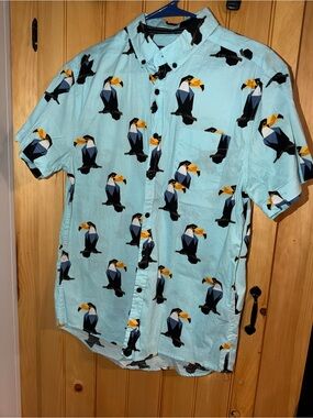Five Points- slim & Flex fit Short Sleeve ButtonUp with Toucan Print-Blue Size M